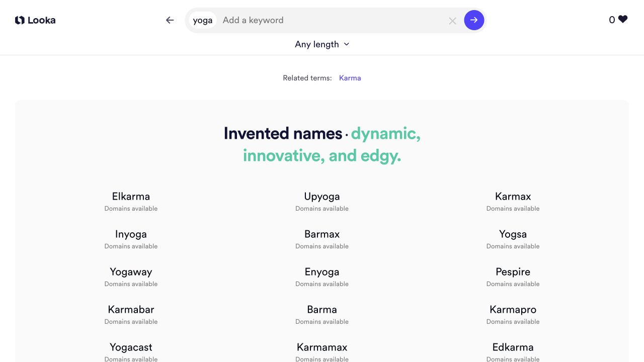 Looka yoga keyword results showing the invented-name category and domain-availability labels.