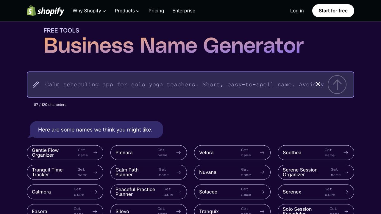 Shopify naming results showing short invented names alongside longer descriptive suggestions.